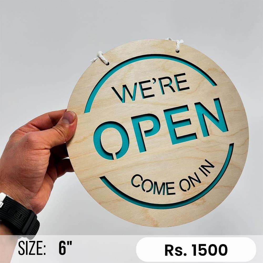 Custom turquoise round open sign
